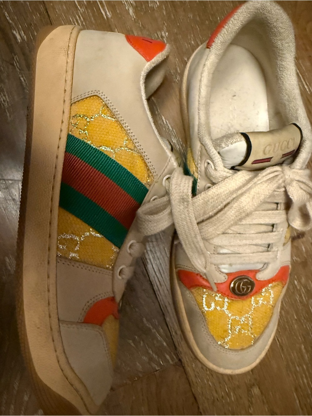 Gucci Beige, Yellow & Orange GG-Pattern Low Top Sneakers - Picture 2 of 3